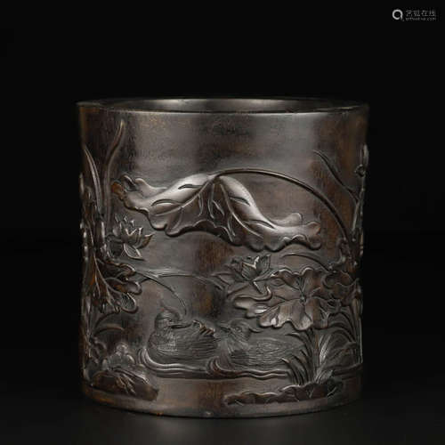 A Flower&Bird Motif Carved Rosewood Brush Pot