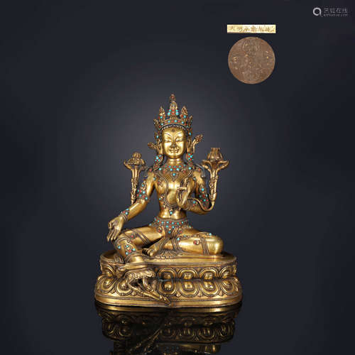 A Gild Bronze Green Tara Statue