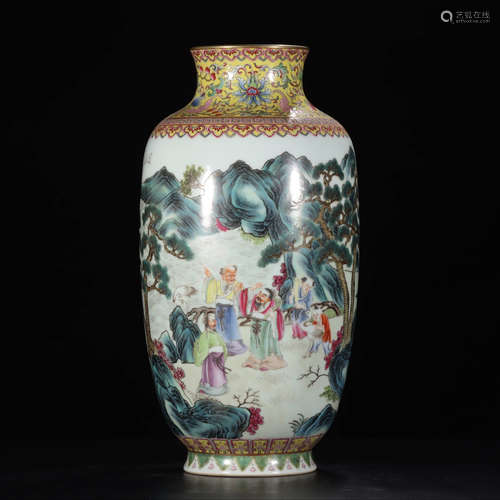 A Famille Rose Landscape And Figures Motif Porcelain Vase