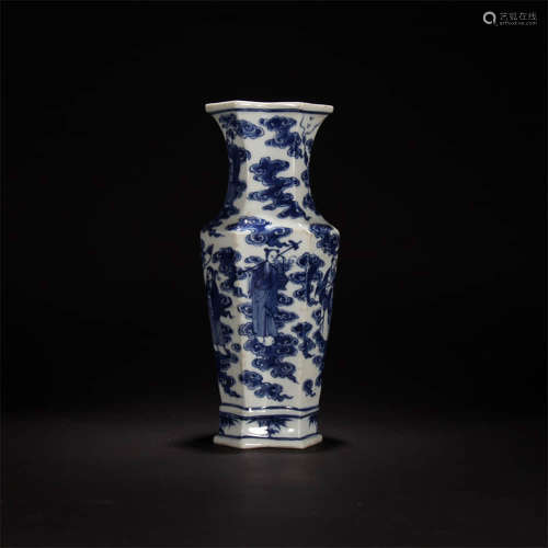 A Blue And White Figurine Motif Porcelain Hexagon Vase