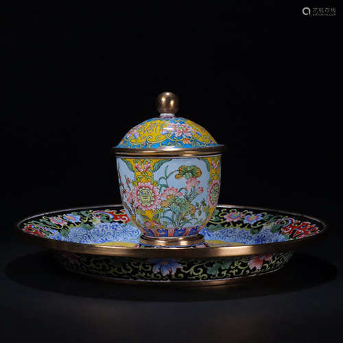 A Lotus Motif Bronze Cloisonne Enamel Cup And Saucer