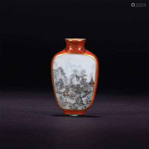 A Red Ground Gilt Landscape Motif Porcelain Inscribed Snuff Bottle