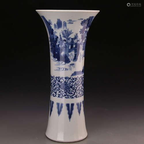 A Chinese Blue And White Figure Porcelain Beaker Vase