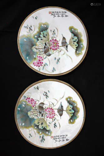Famille Rose Flower and Bird Porcelain Plate, Xiong Mengting Inscription