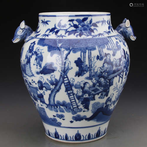 A Chinese Blue And White ‘Hundred Boys’ Porcelain Zun With Double Deer-Shaped Ears