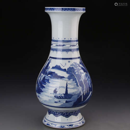 A Chinese Blue And White ‘Landscape’ Pipa-Shaped  Porcelain Zun