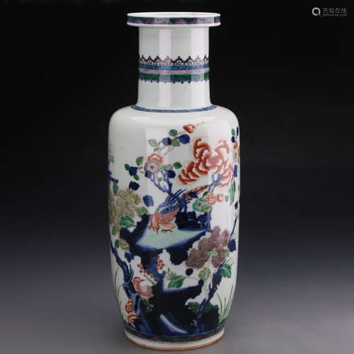 A Chinese Wucai ‘Flower And Birds’ Porcelain Rouleau Vase