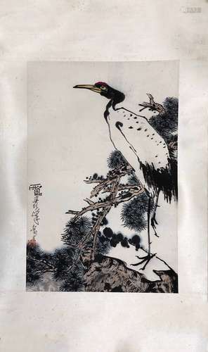 Pan Tianshou, 'Pine and Crane' Paper Ink Painting