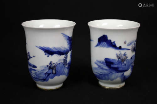 Blue and White Landscape Twain Tea Cups, Guang Xu Bullions Bottoms