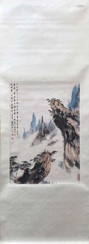 Pei Jiatong, Landscape Paper-based Vertical Scroll Calligraphy and Painting, Mark: Mountains Array One by One