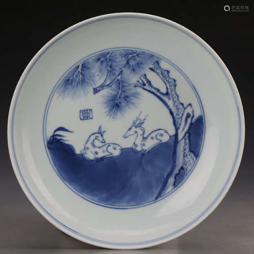 A Chinese Blue And White ‘Pine And Deers’ Porcelain Plate