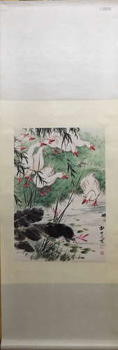 Tian Shiguang, 'A Group of Gooses' Paper Spindle Ink Painting