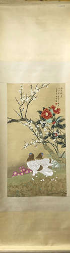 Yu Jigao, 'Peaceful New Year, Camellia and Plum Blossoms, Twin Doves' Flower and Bird Paper Spindle Ink Painting