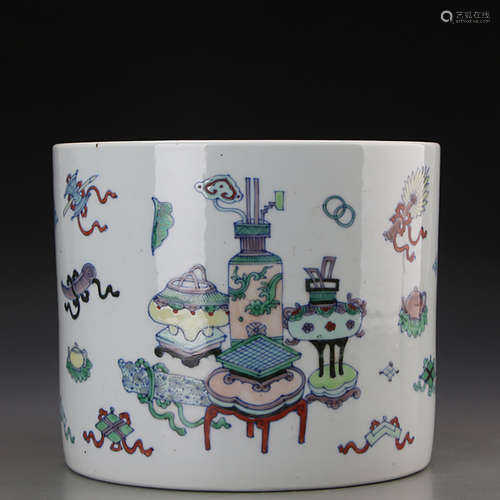 A Chinese Wucai Bogu Pattern  Porcelain Brush Pot