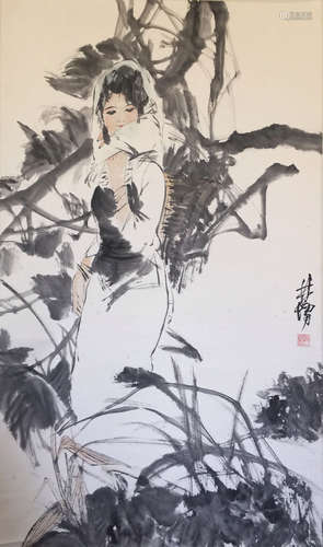 Lin Yong, 'Peasant Girl', Standing Scroll Ink Painting on Paper, Inscription: Lin Yong, with One Seal of the Artist