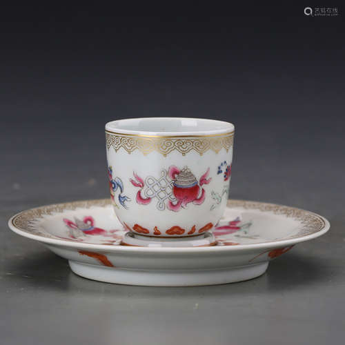 A Chinese Famille Rose Bogu Pattern Porcelain Cup And Cup-Stand