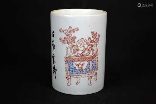 Famille Rose Wealthy and Auspicious Themed Porcelain Brush Pot