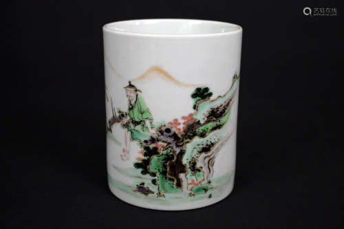 Five Colored Landscape and Figure Porcelain Brush Pot, Da Qing Kang Xi Nian Zhi Mark