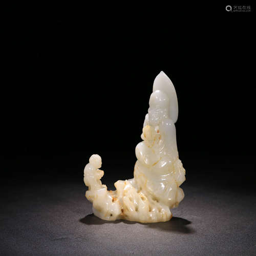 A Carved White Hetian Jade ‘Boy and Arhat’ Ornament