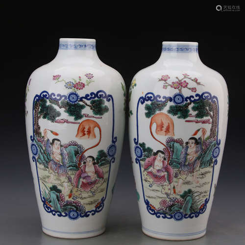 A Pair Of Chinese Famille Rose Figures Porcelain Vases