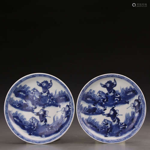 A Pair Of Chinese Blue And White ‘Hunting Scene’ Porcelain Plates