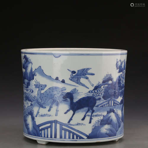 A Chinese Blue And White ‘Deer And Crane’ Porcelain Brush Pot