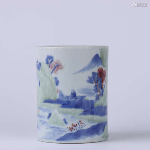 A Chinese Blue And White Figure And Landscape Porcelain Brush Pot