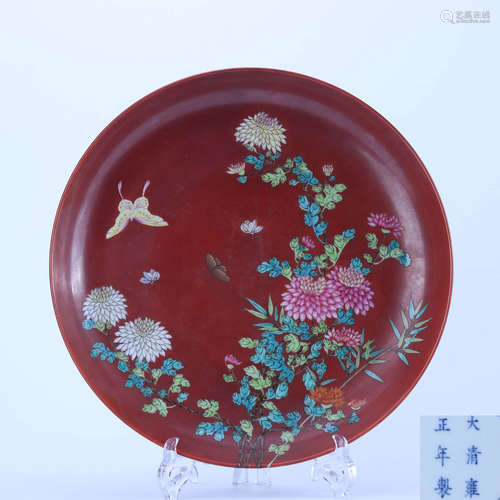 A Chinese Coral Red Glazed Floral Porcelain Plate