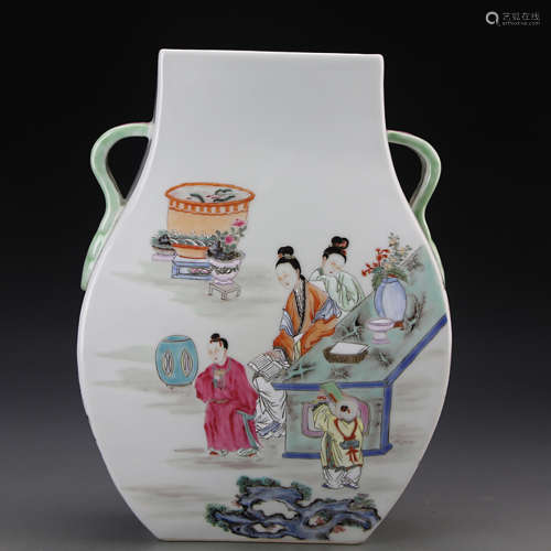 A Chinese Famille Rose Figures Porcelain Square Vase With Double Ears