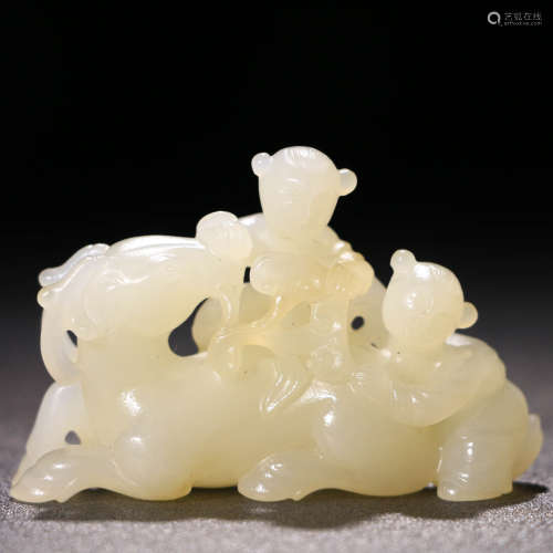 A Chinese Carved Hetian Jade ‘Boys And Horse’ Ornament