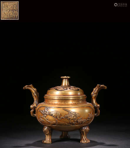 A Chinese Gilt-Bronze ‘Pine and Crane’ Tripod Incense Censer