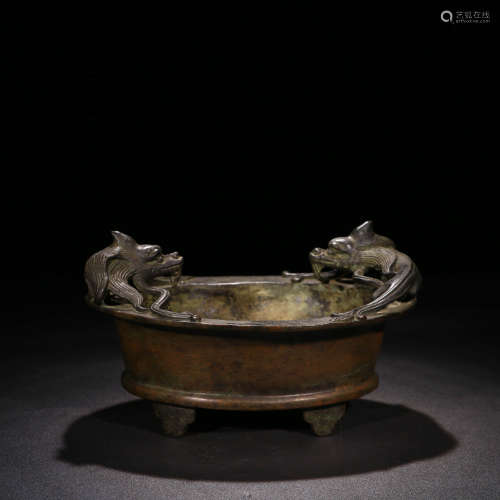 A Chinese Bronze Burner With Doulble Chi-Dragon-Shaped Ears