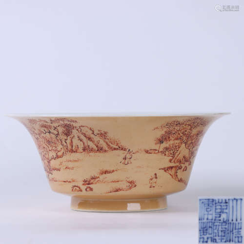 A Chinese Café-au-lait-Glazed Landscape Porcelain Bowl