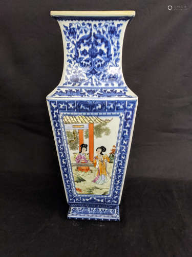 Blue and White Twine Pattern Figure Square Vase, Da Qing Yong Zheng Nian Zhi Mark