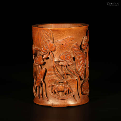A Chinese Carved Bamboo ‘Lotus Pool’ Brush Pot