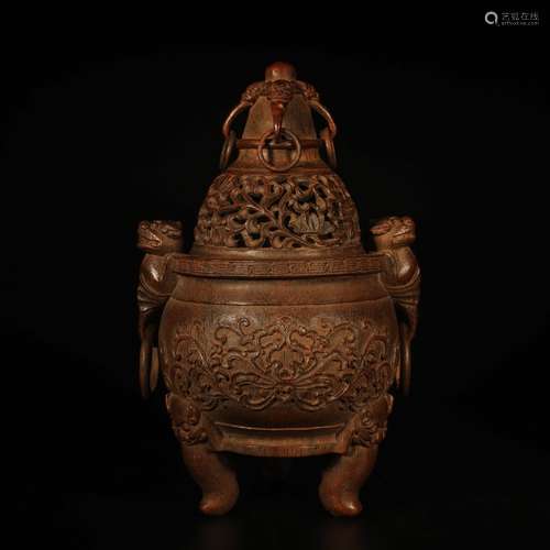 A Chinese Carved Bamboo Tripod Censer With Double Lion-shaped Handles