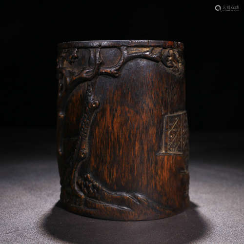 A Chinese Carved Eaglewood Brush Pot