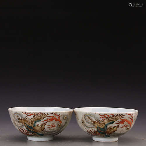 A Pair Of Chinese Famille Rose Phoenix Porcelain Bowls