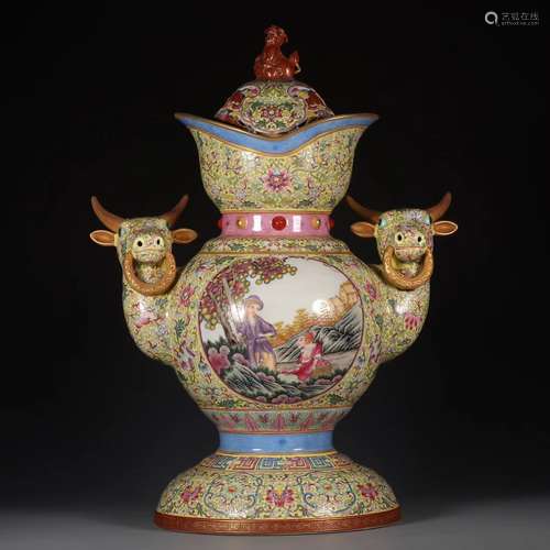 A Chinese Yellow-Ground Famille Rose Figures Porcelain Jar And Cover With Double Ox-Head-Shaped Handles