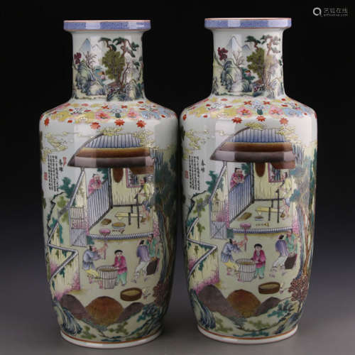 A Pair Of Chinese Famille Rose ‘Farming and Weaving’ Porcelain Rouleau Vases
