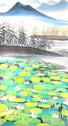 A Chinese Lotus Painting，Lin  Fengmian Mark