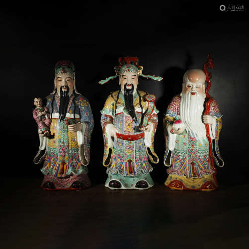 A Set Of Chinese Famille Rose Three Porcelain Ornaments Of Three Immortals of Fortune, Prosperity And Longevity