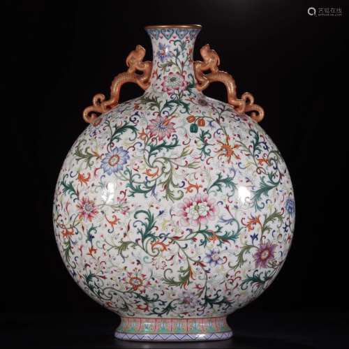 A Chinese Famille Rose Gilt-inlaid Interlocking Lotus Scroll Grass Pattern Porcelain Moonflask