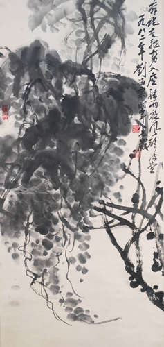 A Chinese Grape Painting Scroll，Liu Haisu Mark