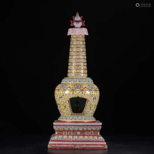 A Chinese Yellow-ground And Famille Rose Gilt-inlaid Interlocking Lotus Floral Porcelain Pagoda