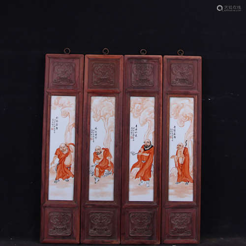 A Set Of Four Chinese Iron-Red ‘Arhat’ Screens