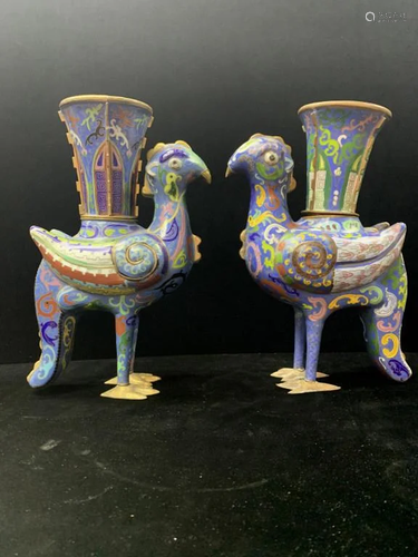 Pair of Cloisonne Bird Vases