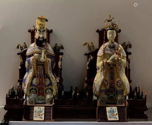 Pair of Cloisonne Emperor and Queen Statue