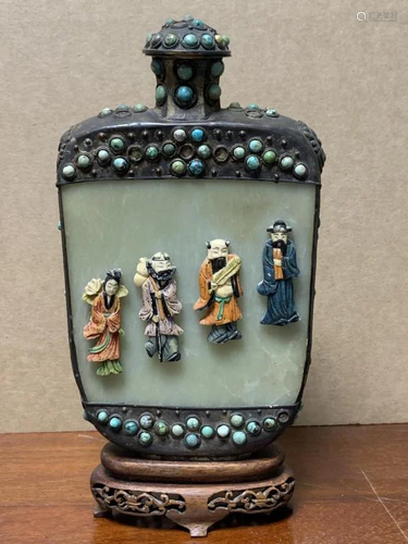 Beautiful Chinese Bottle W/ Jade & Figurines