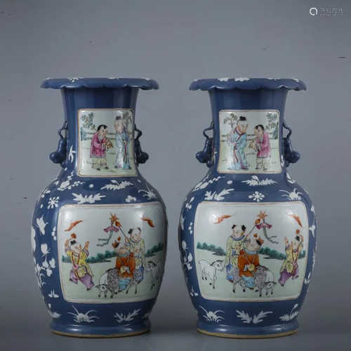 Pair of Blue and White Sanskrit Porcelain V…